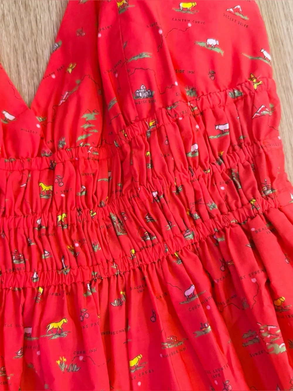 🆕 NWT J.Crew Smocked-waist V-neck dress in map print, California Poppy size 6